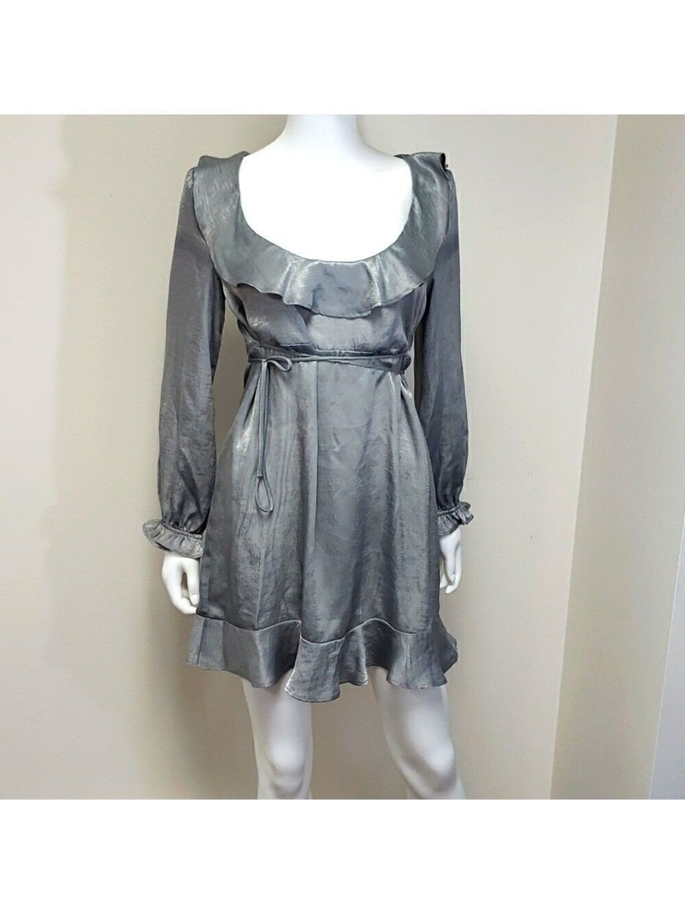 Show Me Your MuMu Satin Belted Ruffle Mini Dress Silver NWT